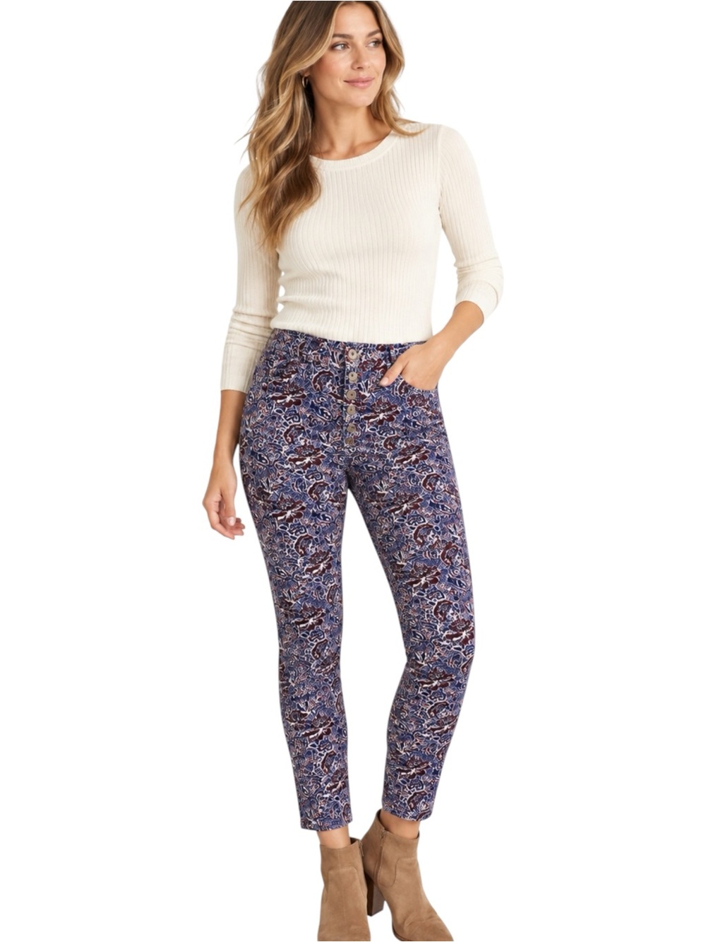 PILCRO ANTHROPOLOGIE Paisley Corduroy High Rise Skinny Pants 33 Tall